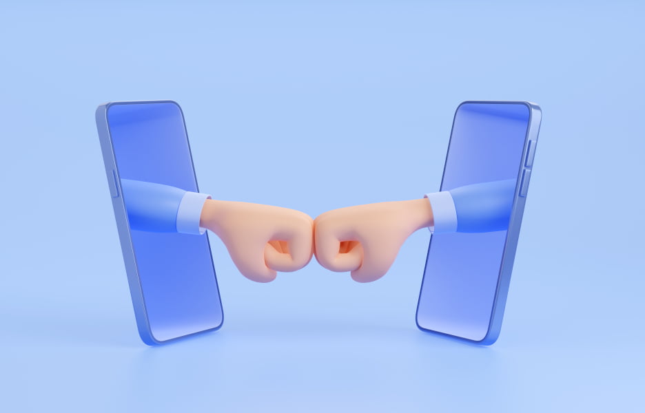 Online meeting icon with hands from mobile phones fists bump. Concept of business agreement, partnership, teamwork or friendship, 3d render illustration isolated on blue background Freepik