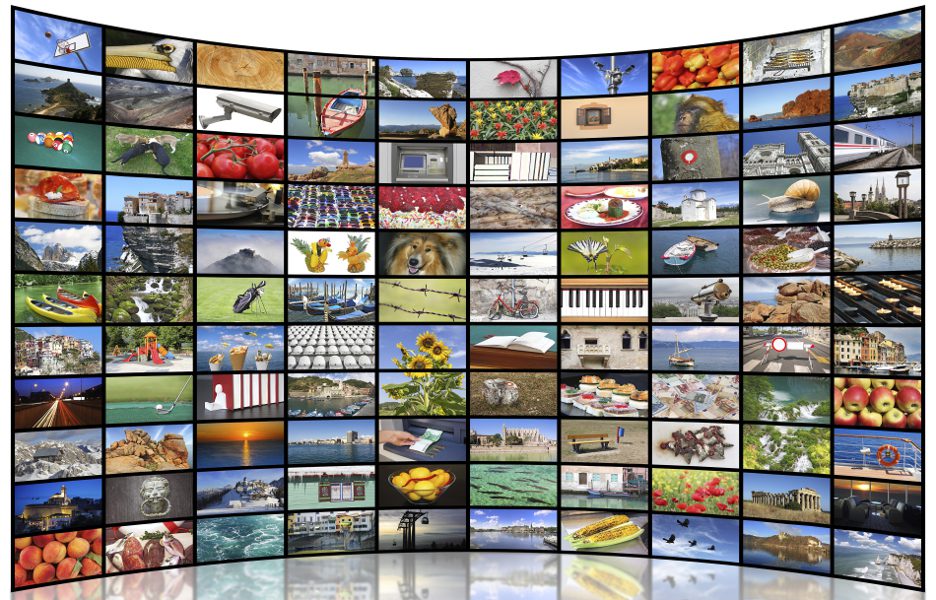 A variety of images as a big video wall of the TV screen tv digital painel televisão