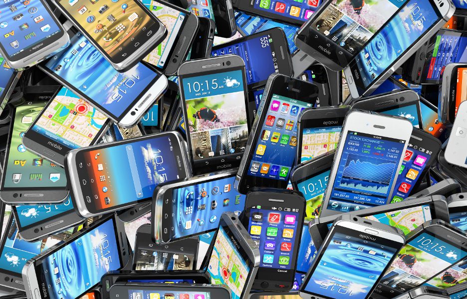 Mobile phones background. Pile of different modern smartphones. 3d