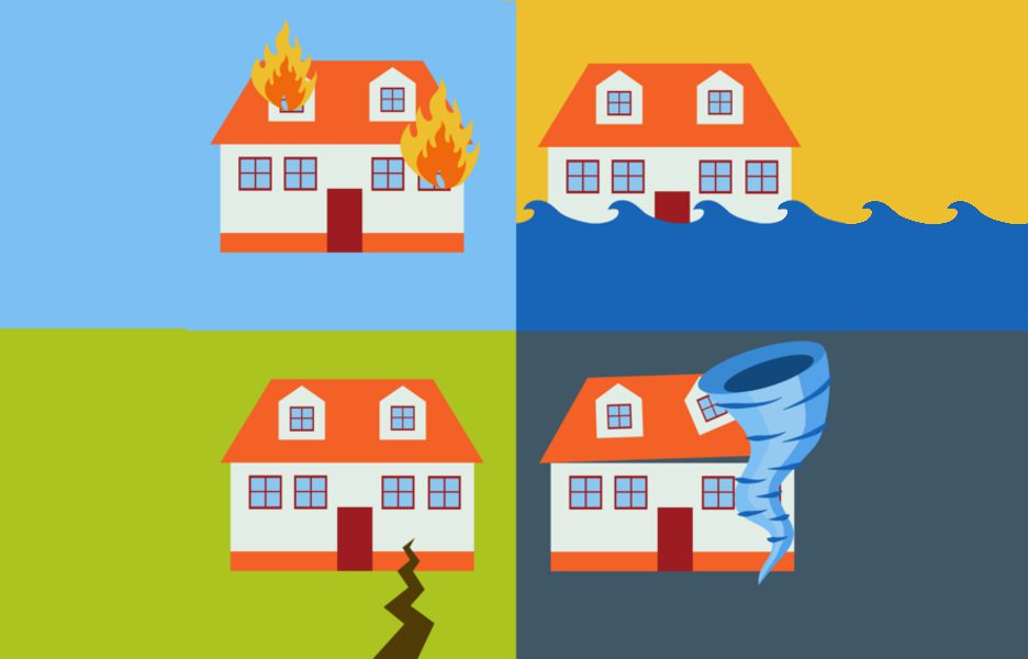 Ilustração de desastres naturais com casas com incêndio, terremoto, alagamento e furacão