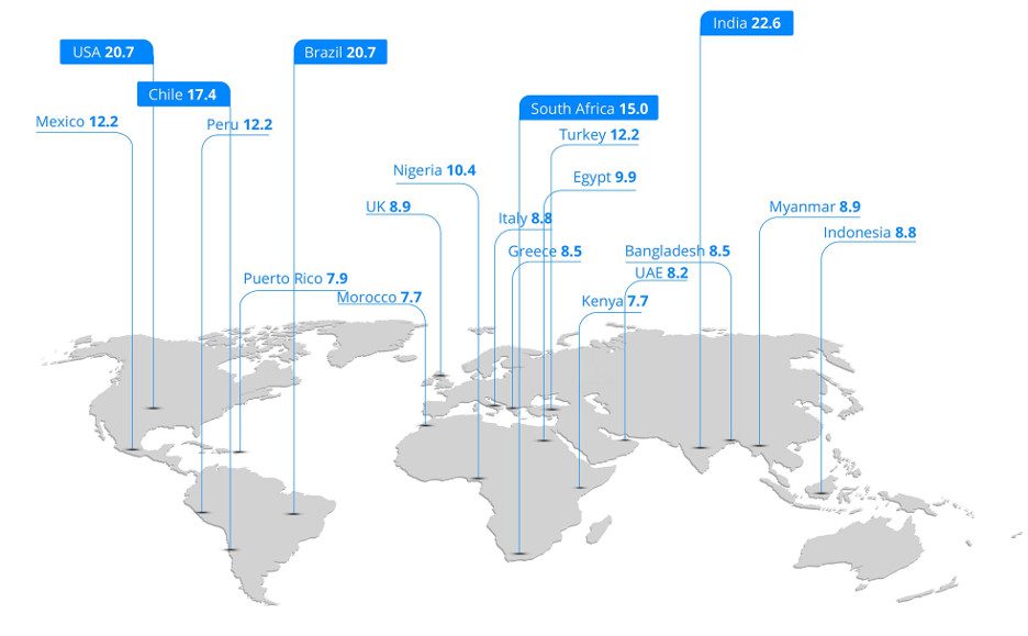 Mapa com a média mensal de spam telefônico por usuáio