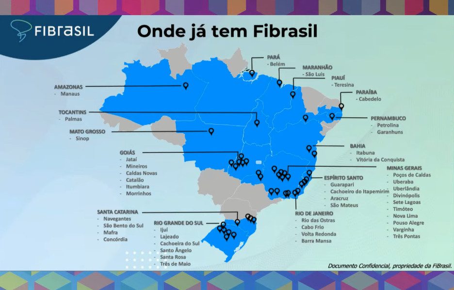 Mapa do Brasil com as cidades cobertas pela Fibrasil em destaque