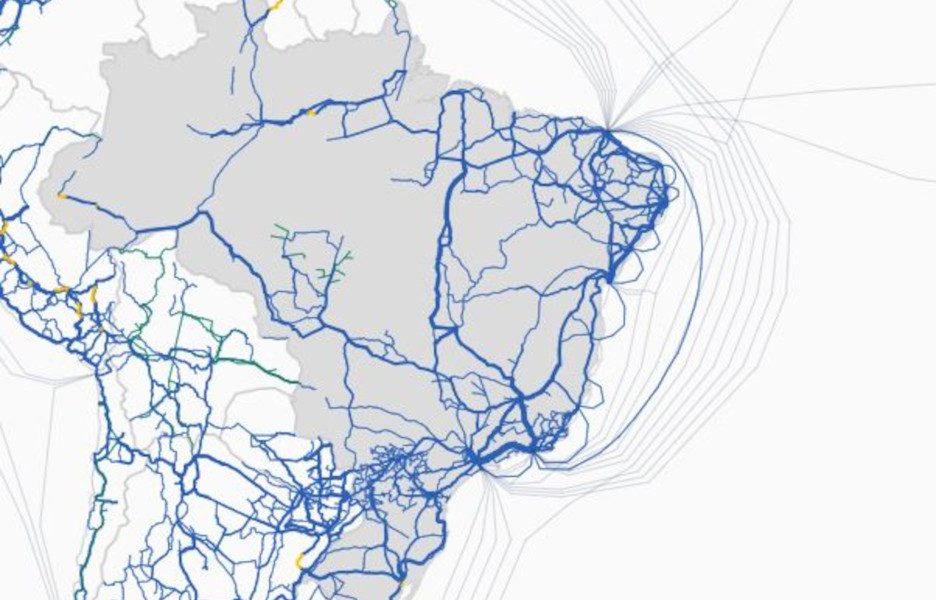 Mapa da UIT sobre infraestrutura de fibra óptica do País