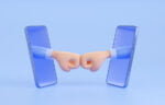 Online meeting icon with hands from mobile phones fists bump. Concept of business agreement, partnership, teamwork or friendship, 3d render illustration isolated on blue background Freepik