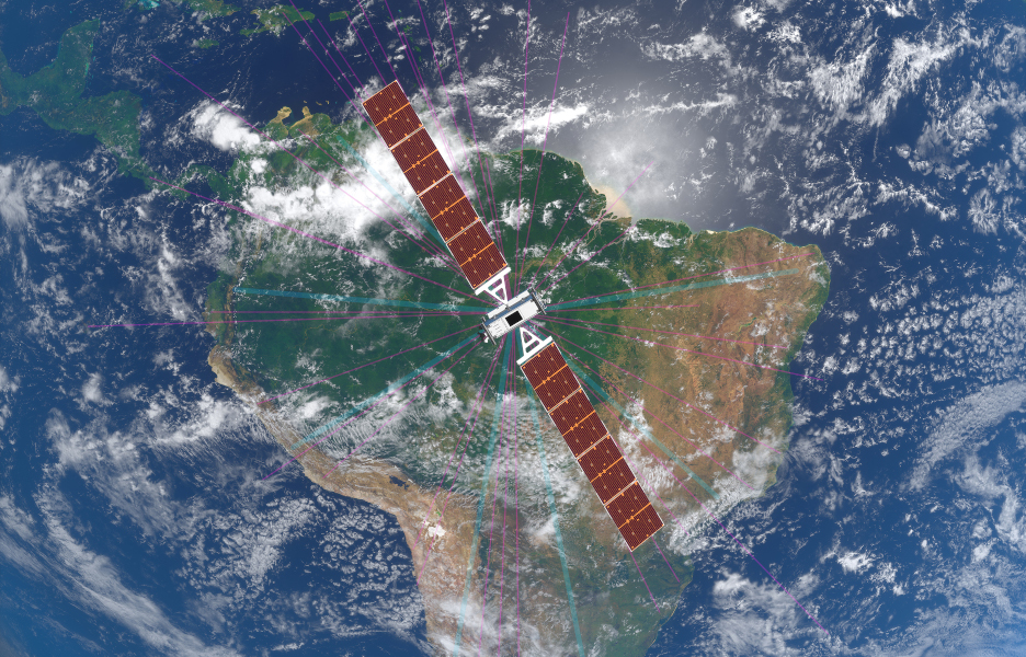 Representação artística de um satélite O3b mPOWER sobre a América do Sul