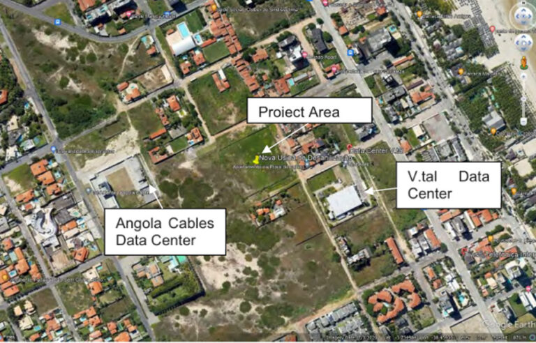 Imagem reproduzida no relatório da TÜV SÜD mostra proximidade do terreno da usina aos data centers de Angola Cables e V.tal